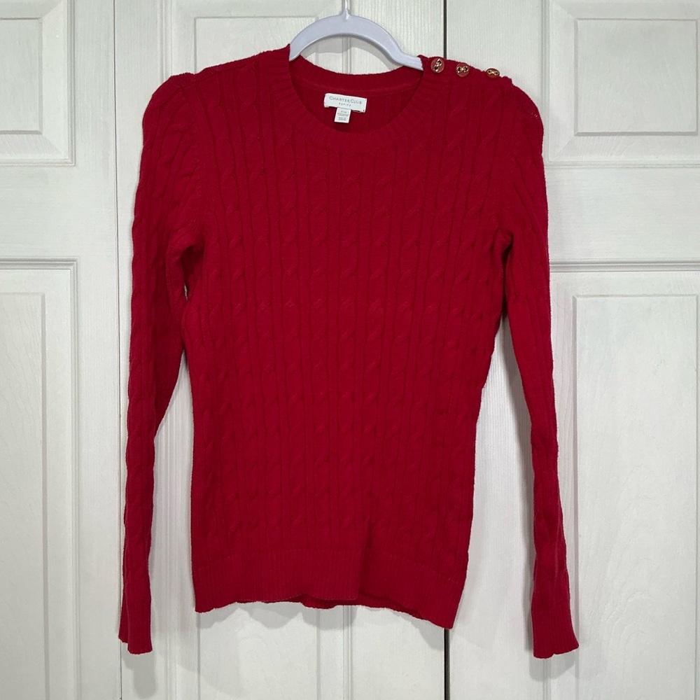 🩷 Charter Club Red Cable Knit Crew Neck Sweater - Petite Medium (01124)
